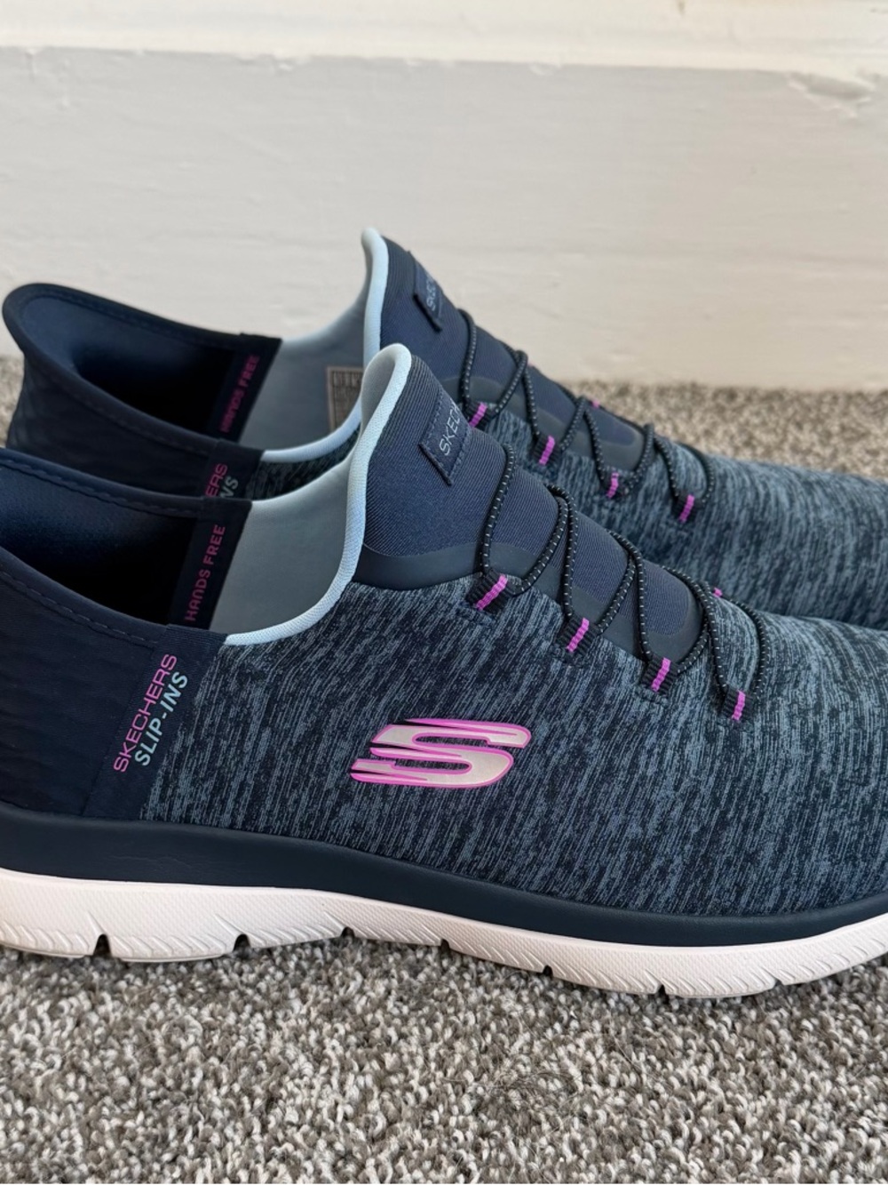 Skechers Heathered Navy Slip-On Sport Sneakers with Pink Accents - Picture 3 of 5